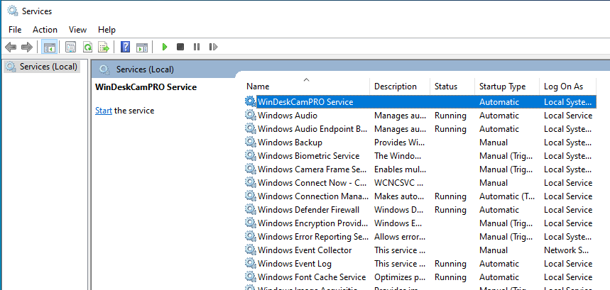 WinDeskCamPRO Service в службах Windows